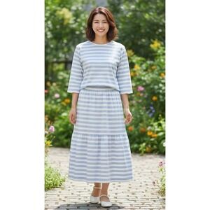 Blake by Devon Skirt Top Set Women's M Striped 3/4 Sleeve Pleated Boho Preppy